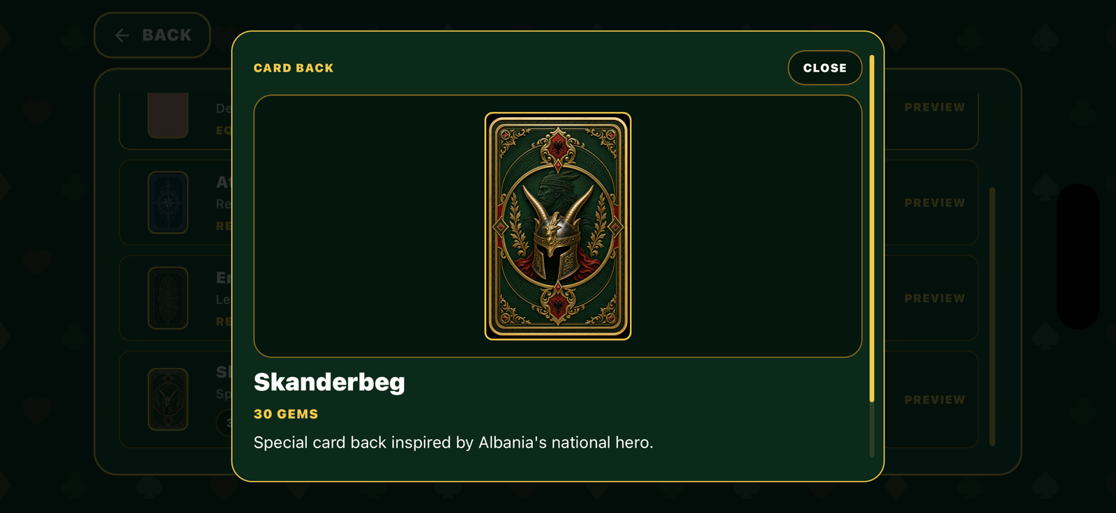 Card back preview before equipping