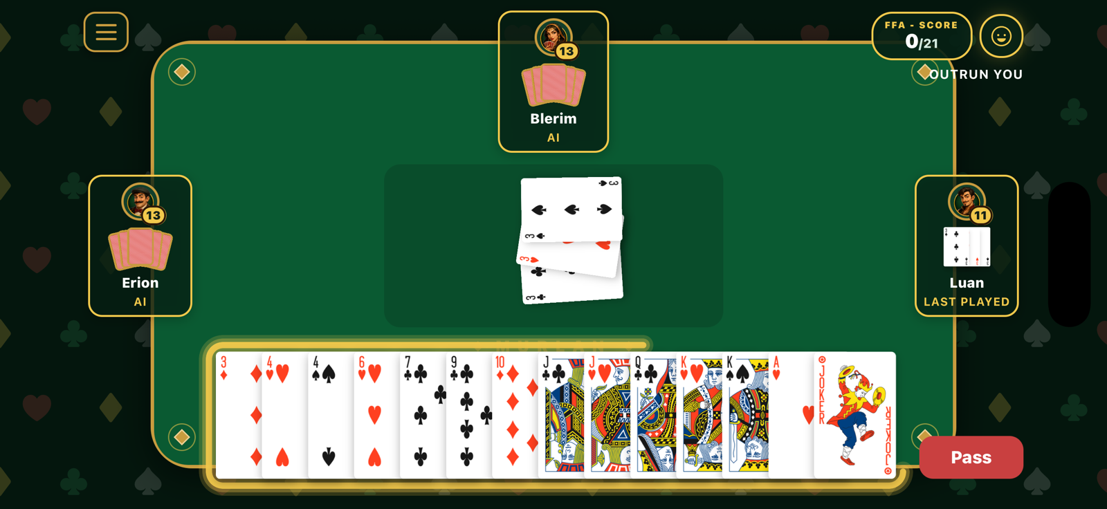 Murlan Cards gameplay table with AI seats and a playable hand