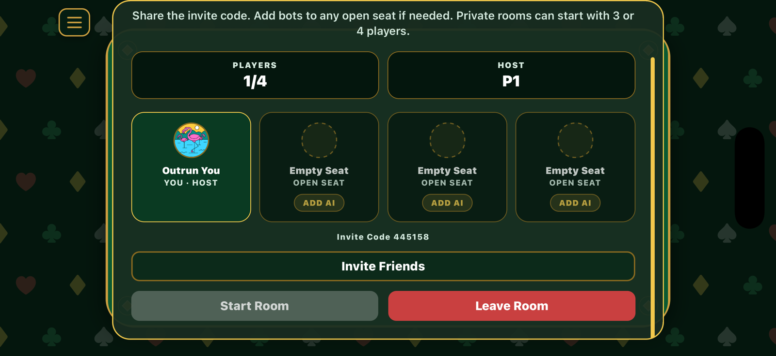 Private lobby with invite code and open seats