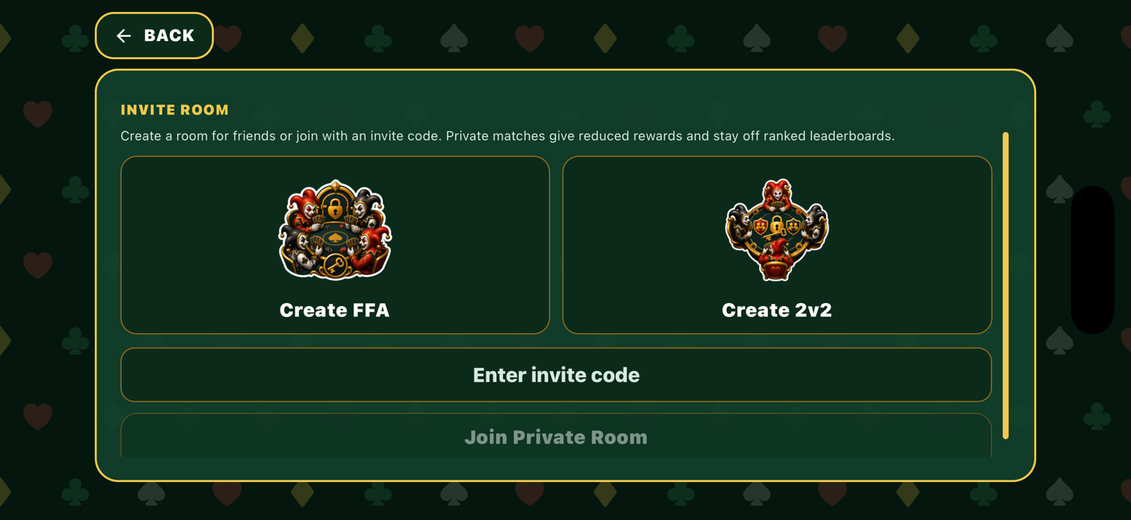 Private room creation screen with FFA, 2v2, and invite code options