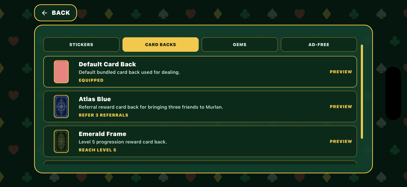 Card back shop with level rewards and special cosmetics